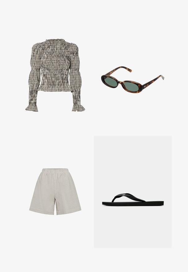 Blusa con fruncidos que presenta un patrón a cuadros en negro, blanco y beige. Cuello y puños con volantes, mangas largas, ajuste corto.; Bermudas de cintura elástica en una tela beige claro con un sutil patrón a rayas. El diseño presenta piernas sueltas y una textura suave.; Chancla de goma negra con una tira de dedo texturizada y una suela plana sencilla, vista de lado sobre un fondo claro y liso.; Gafas de sol de carey con montura ovalada y lentes verdes. Presentan brazos delgados con un detalle metálico cerca de las bisagras.; Bolso de piel negra con una forma estructurada, una textura suave y una sola correa para el hombro. Presenta un diseño de tapa sutil y redondeado.