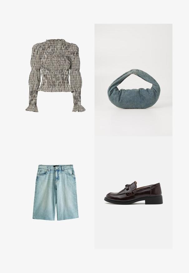 Smockitud blouse mustriga, mis on valmistatud mustast, valgest ja beežist. Volangiga kaelus ja mansetid, pikad varrukad, lühike istuvus.; Heledad sinine denim lühikesed püksid, millel on lõdva istuvusega, nööp sulgemine, vöölööbid ning ees ja taga taskud. Tekstureeritud materjal, pleekinud viimistlus.; Pruunist nahast loafersid, millel on sile tekstuur, kaunistav rihm ja pandla, madal must konts ja ümar varvas.; Sinine denim kott, mis on polsterdatud, ümarate servadega ning kaarjate käepidemetega. Tekstuur on pehme, nähtavate õmblustega ja siledaga viimistletud.