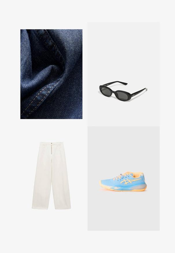 Material din denim albastru închis cu o ușoară strălucire, prezentând o textură moale, mototolită și cusături vizibile în ață bej contrastantă.; Pantaloni largi din bumbac alb murdar. Prezintă un fermoar frontal și două buzunare laterale. Textură netedă și design relaxat.; Pantofii sport de culoare albastru deschis cu accente portocalii; partea superioară din plasă, vârf rotund și talpă texturată pentru aderență. Prezintă detalii cu brandul și șireturi.; Ochelari de soare negri, cu lentile ovale, cadru din plastic lucios și brațe subțiri. Prezentă logo-ul Ray-Ban în alb pe lateral.