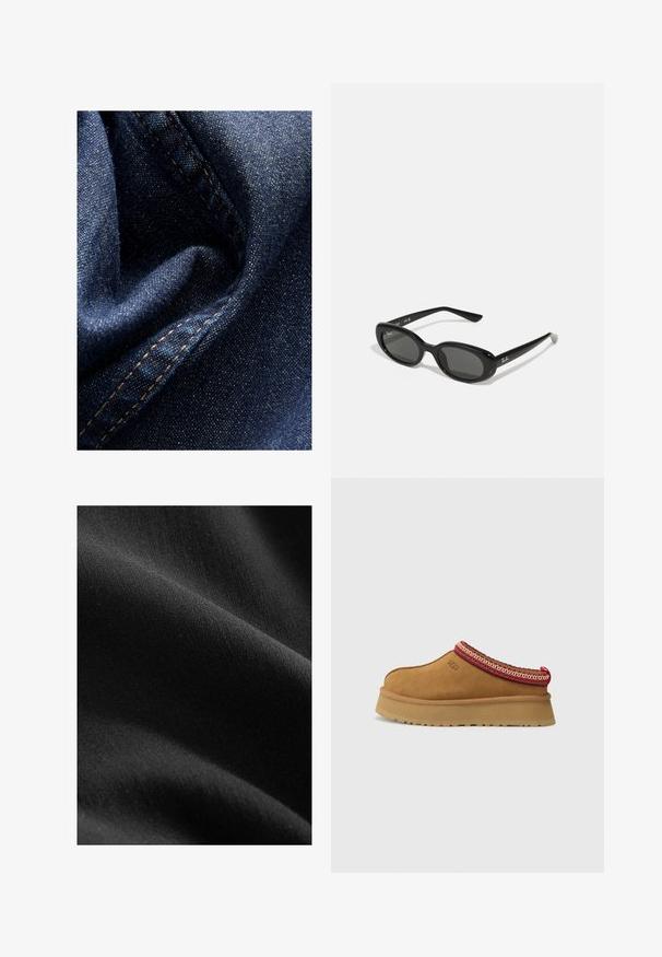 Dark blue denim fabric with a slight sheen, showing a soft, crumpled texture and visible stitching in contrasting beige thread.; Black fabric with a smooth, matte texture, showing subtle variations in shade and fiber, draped to reveal soft curves and depth.; Brown suede slip-on shoe with red and cream patterned trim, textured sole, and UGG logo on side. Features a slight platform height.; Black sunglasses with oval lenses, glossy plastic frame, and slender arms. Features Ray-Ban logo in white on the side.; Red leather shoulder bag with a curved design, smooth texture, and a zipper closure. It features a thin handle for carrying.