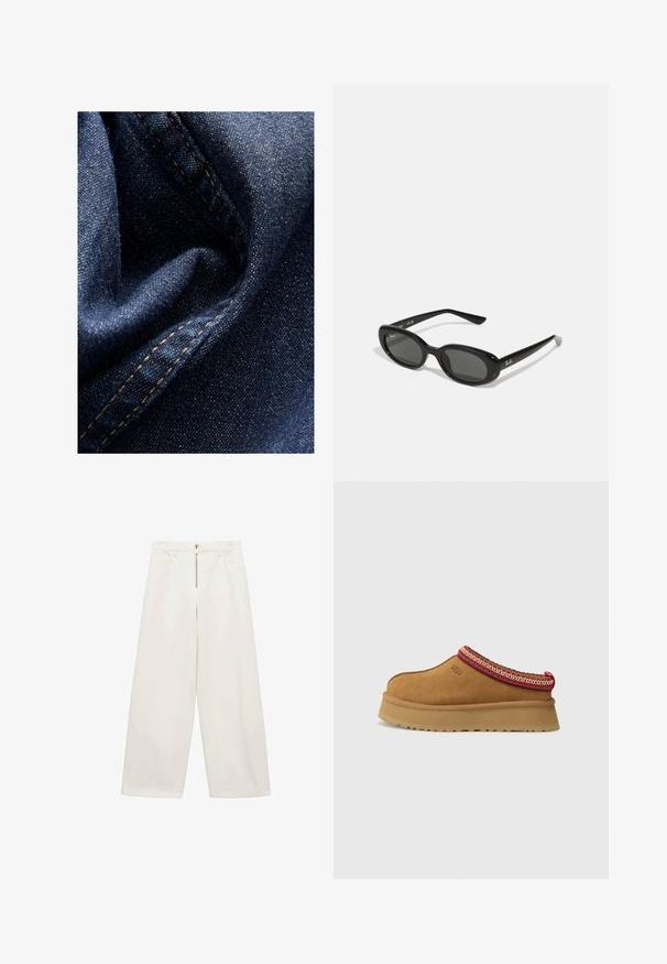 Tmavě modrá džínovina s mírným leskem, zobrazující měkkou, pokrčenou strukturu a viditelné švy v kontrastující béžové nití.; Kalhoty se širokými nohavicemi z off-white bavlněné tkaniny. Disponují předním zipem a dvěma bočními kapsami. Hladká texturie a uvolněný střih.; Hnědé semišové slip-on boty s červeným a krémovým vzorovaným lemem, texturovanou podrážkou a logem UGG po straně. Obsahují mírnou výšku platformy.; Černé sluneční brýle s oválnými objektivy, lesklý plastový rám a štíhlé nožičky. Na boku se nachází bílé logo Ray-Ban.; Červená kožená taška přes rameno s zakřiveným designem, hladkým povrchem a zipovým uzávěrem. Obsahuje tenkou rukojeť pro nošení.
