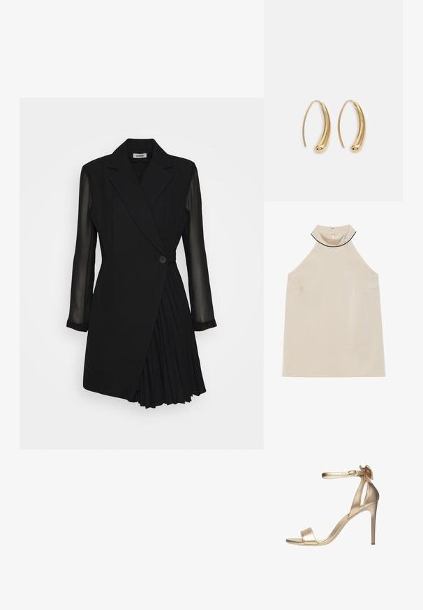 Beige sleeveless halter top in smooth fabric with a high collar and a back zipper, featuring minimalistic design and no visible patterns.; Black tailored dress featuring a blazer-style top, sheer long sleeves, a single button closure, and pleated skirt detail.; Gold metallic high-heeled sandal with a thin ankle strap, open toe, and a smooth texture. Features a delicate bow accent at the heel.; Black leather crossbody bag with two front pockets, gold buckles, zipper closure, and a slim strap. Textured surface and compact rectangular shape.; Gold-tone metal hoop earrings with a curved, elongated shape. Features a smooth, shiny surface and a rounded tip for added detail.
