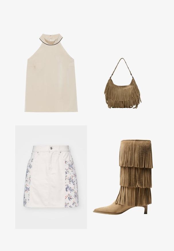 Bežový bezrukávový halter top z hladkého materiálu s vysokým límcem a zipem na zádech, s minimalisticým designem a bez viditelných vzorů.; Bílá džínová sukně s květinovou a paisley výšivkou na bočních panelech, s knoflíkovým zapínáním a poutky na opasek. Klasický design s pěti kapsami.; Pohodlné kotníkové boty v hnědé nubukové kůži s třemi vrstvami třásní. Špičatá špička a nízký blokový podpatek. Hladký povrch po celé délce.; Hnědá semišová kabelka s dlouhými třásněmi, zakřiveným tvarem a jedním ramenním popruhem. Vyznačuje se hladkým, texturovaným povrchem.