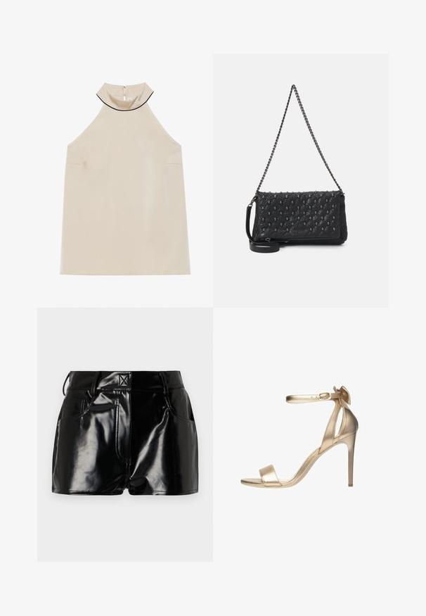 Beige sleeveless halter top in smooth fabric with a high collar and a back zipper, featuring minimalistic design and no visible patterns.; Black, glossy shorts made of synthetic material. Features a fitted waist, belt loops, and front pockets with prominent stitching details.; Gold metallic high-heeled sandal with a thin ankle strap, open toe, and a smooth texture. Features a delicate bow accent at the heel.; Black quilted leather bag with a chain strap, featuring skull accents and a zip closure. Textured surface with a glossy finish.
