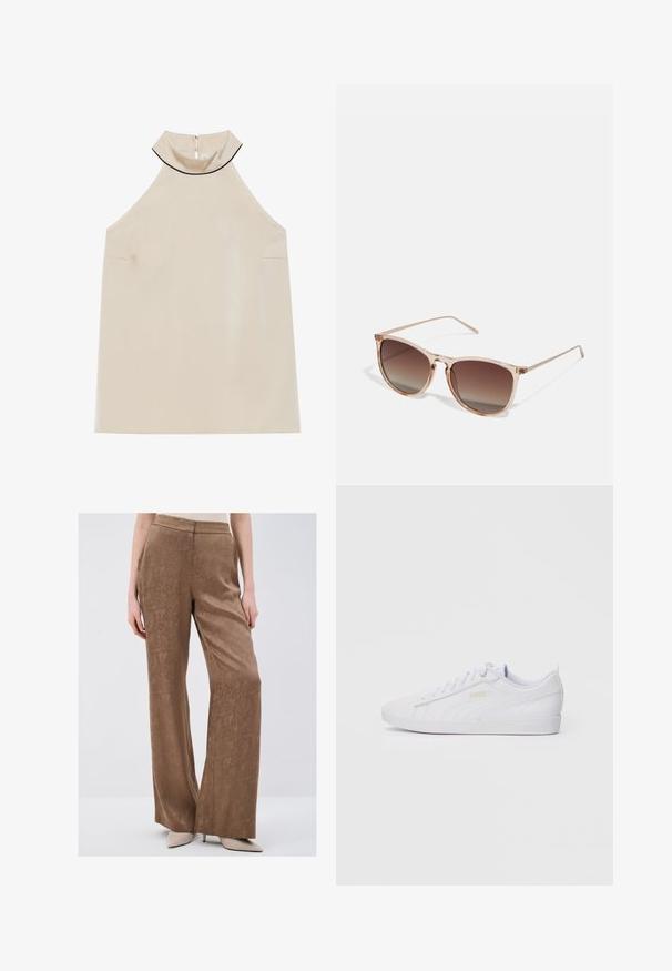 Beżowy top bez rękawów w stylu halter z gładkiego materiału, z wysokim kołnierzem i zamek błyskawiczny z tyłu, charakteryzujący się minimalistycznym designem i brakiem widocznych wzorów.; Brązowe, szerokie spodnie wykonane z teksturowanej tkaniny z subtelnym wzorem. Posiadają gładki pas i luźno opadają w okolicy bioder.; Białe niskie trampki Puma z zapięciem na sznurowadła, subtelnym logo po bokach oraz podeszwą, a także gładką syntetyczną cholewką, idealne do codziennych stylizacji.; Brązowe okulary przeciwsłoneczne w gradientowym kolorze z przezroczystym różowym ramkiem, w kształcie kwadratu, z cienkimi metalowymi zausznikami. Posiadają zaokrąglone krawędzie i minimalne wykończenie.