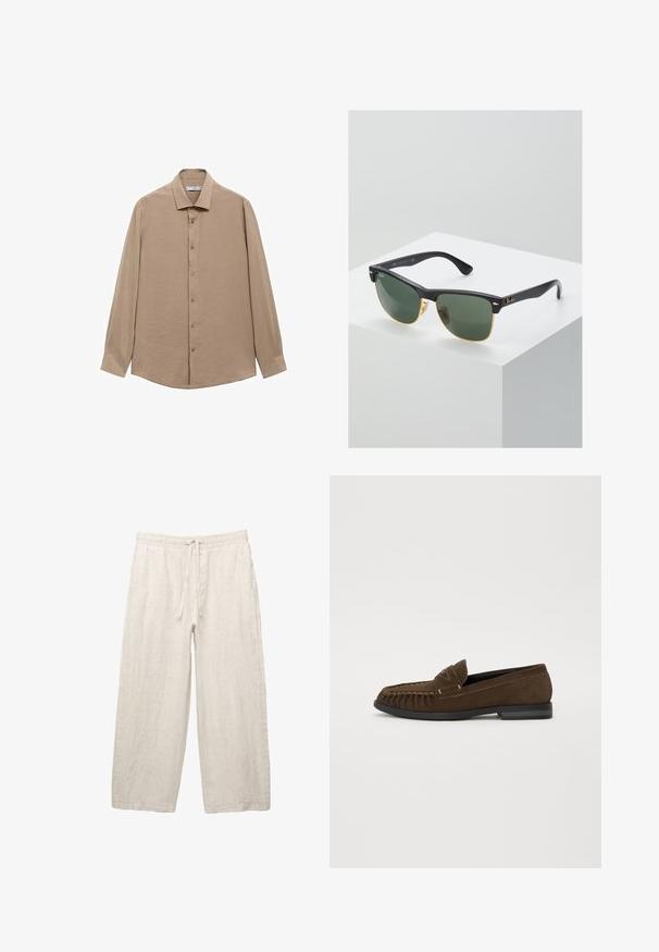 Beżowa koszula z długim rękawem z guzikami, z klasycznym kołnierzykiem, przednim zapięciem i subtelną fakturą. Miękka tkanina o luźnym kroju.; Lniane spodnie w jasnym beżu, z elastycznym pasem na sznurku, szerokimi nogawkami i kieszeniami po bokach. Gładka tekstura.; Brązowe zamszowe mokasyny z zaokrąglonym noskiem, ozdobnym przeszyciem i elastyczną czarną podeszwą. Posiadają mały klapek z przodu.; Okulary przeciwsłoneczne Ray-Ban z zielonymi soczewkami, czarnymi plastikowymi oprawkami i złotymi akcentami na krawędziach. Kwadratowy kształt z matowym wykończeniem.