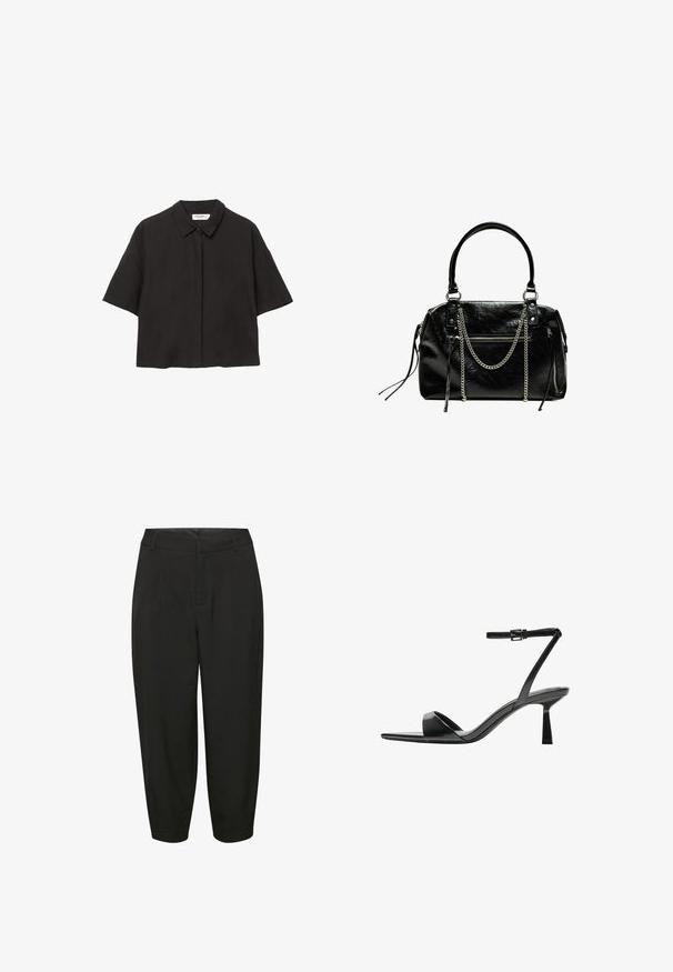 Camicetta nera a maniche corte realizzata in tessuto leggero. Presenta una chiusura frontale con bottoni, colletto e una vestibilità comoda. Texture liscia e design semplice.; Pantaloni neri su misura con vita alta, dettagli a pieghe e gambe affusolate, realizzati in un tessuto leggero e morbido.; Bershka Sandali con tacco - black; Bershka WITH CHAIN - Borsa a mano - black