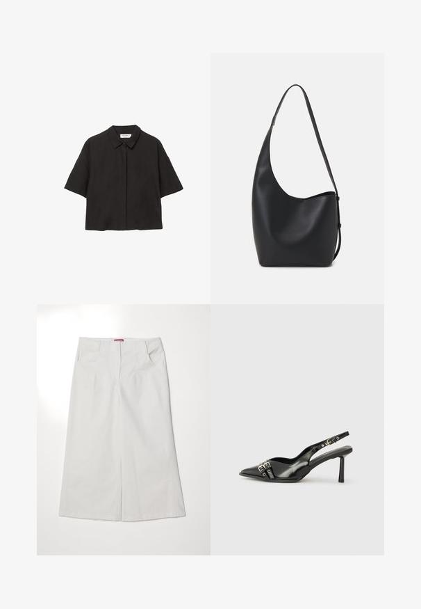 Black short-sleeve shirt made from lightweight fabric. Features a buttoned front, collar, and relaxed fit. Smooth texture and simple design.; White wide-leg pants made of cotton, featuring two front pockets, a smooth texture, and a straight waistband with a hidden fastening.; Black patent leather slingback shoe with pointed toe, ankle straps featuring silver buckles and hardware, and a slender heel.; Black leather hobo bag with a smooth texture, curved shape, and single adjustable strap; features a wide opening at the top.