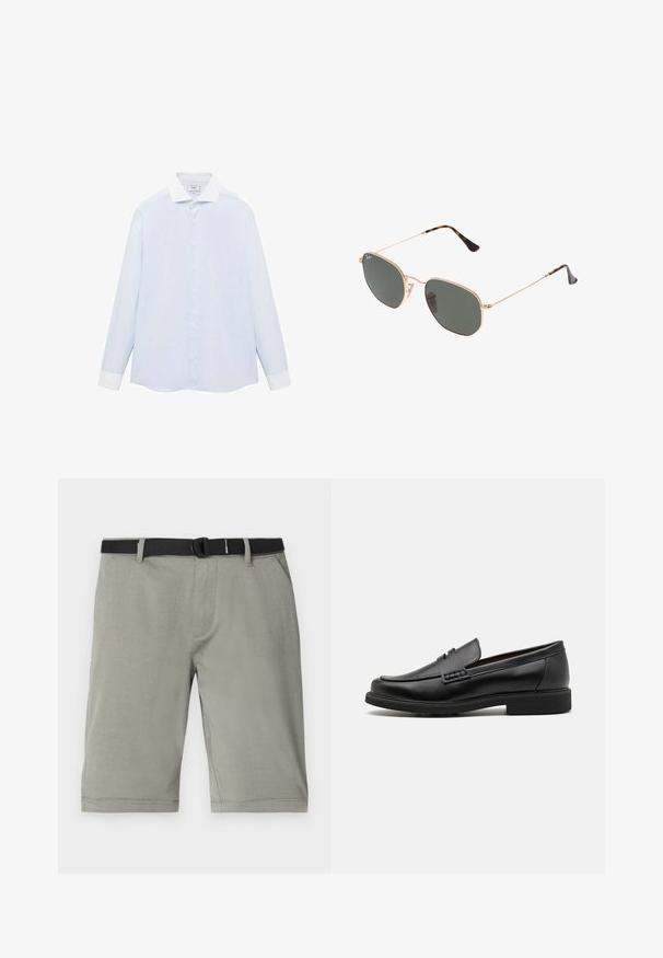 Vaaleansininen raidallinen pitkähiha shirt, jossa on valkoinen kaulus ja hihansuut, varustettu napituksella ja kaarevalla helmalla. Silkkinen kangaslaatu.; Harmaat shorts, jotka on valmistettu teksturoidusta kankaasta, mustalla vyöllä, tavallisilla taskuilla ja helma, joka päättyy juuri polven ylle.; Musta keinotekoinen mokka, jossa on korostettu ommeltu etuosa, pehmeä sisäpohja ja litteä kumipohja; tyylikäs muotoilu, jossa on vähäistä yksityiskohtaisuutta.; Kultaa metallikehyksiset aurinkolasit tummanvihreillä linsseillä, pilottilaatuinen tyyli, jossa on kapeat varret ja kilpikonnakuosiset korostukset päissä.