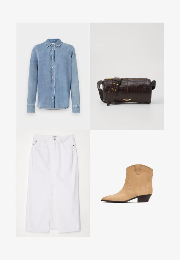 Cămașă din denim de un albastru deschis, cu guler, închidere cu butoane pe partea din față, mâneci lungi și detalii cusute pe manșete și tiv. Material texturat.; Fustă din denim alb cu fanta frontală, design cu cinci buzunare, închidere cu nasture metalic și fermoar, și detalii cusute la marginile tăieturii.; Cizmă de glezna din suede bej, cu vârf ascuțit și detalii subtile ondulate, având un toc mic din lemn și o bandă de tragere în spate.; Geantă din piele căptușită cu un model de crocodil de culoare maro, cu o formă cilindrică, accesorii de culoare aurie și un curea detasabilă cu tăieturi.