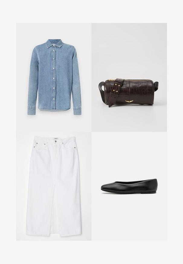 Camicia di jeans blu chiaro con colletto, chiusura frontale a bottoni, maniche lunghe e dettagli cuciti sui polsini e l'orlo. Tessuto testurizzato.; Gonna di jeans bianca con spacco anteriore, design a cinque tasche, chiusura con bottone metallico e zip, e dettagli di orlo cuciti.; Paul Smith TOPANGA - Ballerine - black; Borsa in pelle stampata a coccodrillo marrone con forma cilindrica, accessori in tonalità oro e una tracolla staccabile con borchie.