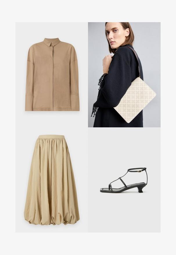 Beez värvi pika varrukaga särk kergest kangast, millel on klassikaline krae, peidetud nööbiplokk ja diskreetsed õmbluse detailid varrukatel.; Beige midi seelik kogutud vöökohtadega, voolava kangaga ja mahuka kuju ning tekstuurse pinna ja peente kortsude detailidega.; Must värviline nahk sandaal ruudukujulise varbaga, õhukeste rihmadega, kohandatava pahkluu rihmaga ja madala kandaga. Rihmal on väike kuldne aktsent.; Beez värviga mustriga õlakott, millel on struktureeritud kuju ja pruuni tekstuuriga rihm. Kandnud mudel halli tausta ees.