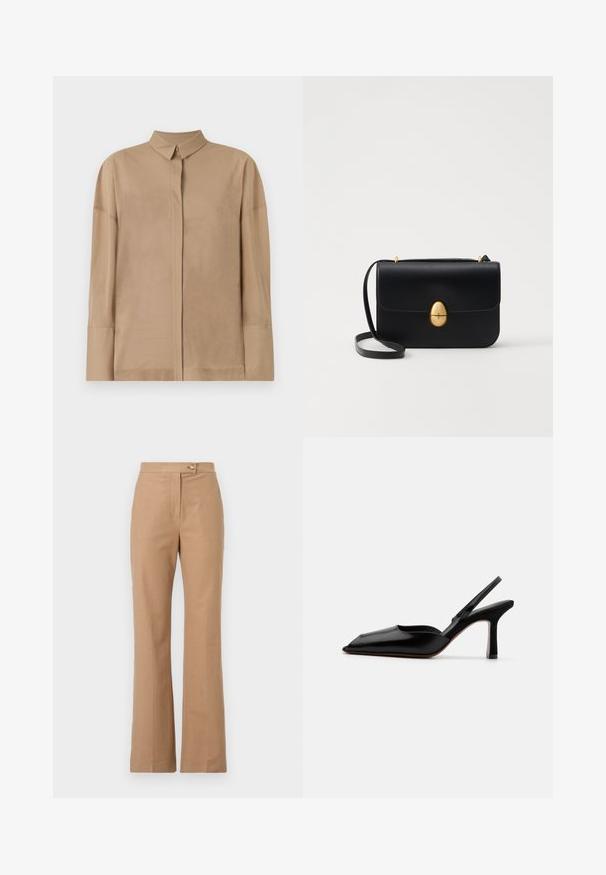 Béžová dlouhá košile s rukávy vyrobená z lehkého materiálu má klasický límeček, skrytou řadu knoflíků a jemné prošívání na rukávech.; Beige kalhoty na míru s rozšířeným siluetou, vyrobené z hladké tkaniny, s předním zapínáním na knoflík a dvěma bočními kapsami.; Černé kožené slingback podpatky s špičatou špičkou, minimalistický design, tenký popruh kolem kotníku a štíhlý jehlový podpatek. Hladká textura.; Černá kožená kabelka se strukturovaným obdélníkovým tvarem. Obsahuje zlatou oválnou sponu a tenký ramenní popruh. Hladký povrch.