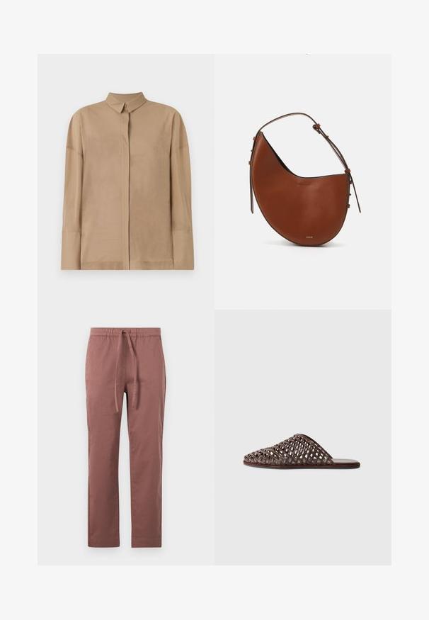 Beige langemouwen shirt van lichtgewicht stof met een klassieke kraag, verborgen knoopsluiting en subtiele stikdetails op de mouwen.; Bruine katoenen broek in een mix met elastische tailleband en trekkoord. Rechtaflopende pijpen met zijzakken, een gladde textuur en geen zichtbare patronen.; Bruine geweven slider-sandaal met een ronde neus, open ontwerp, platte zool en een textuur. Lichtgewicht materiaal en een minimalistische silhouette.; Brune leren schoudertas in een halvemaanvorm, met een slanke bruine schouderband en subtiele gouden hardwareaccenten. Heeft een gladde textuur en minimale stiksels.