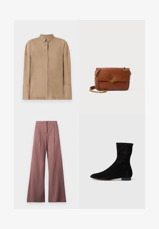 Beige long-sleeve shirt in lightweight fabric features a classic collar, hidden button placket, and subtle stitching details on sleeves.; Wide-leg trousers in a muted rose color, made from smooth fabric with front pleats and a single side pocket. Simple, elegant design.; Black suede ankle boot with a fitted shaft, pointed toe, and a low block heel. Smooth texture and minimalistic design, suitable for versatile styling.; Brown leather crossbody bag with a flap closure, gold hardware, and a chain strap. Smooth texture, rectangular shape, minimal detailing.