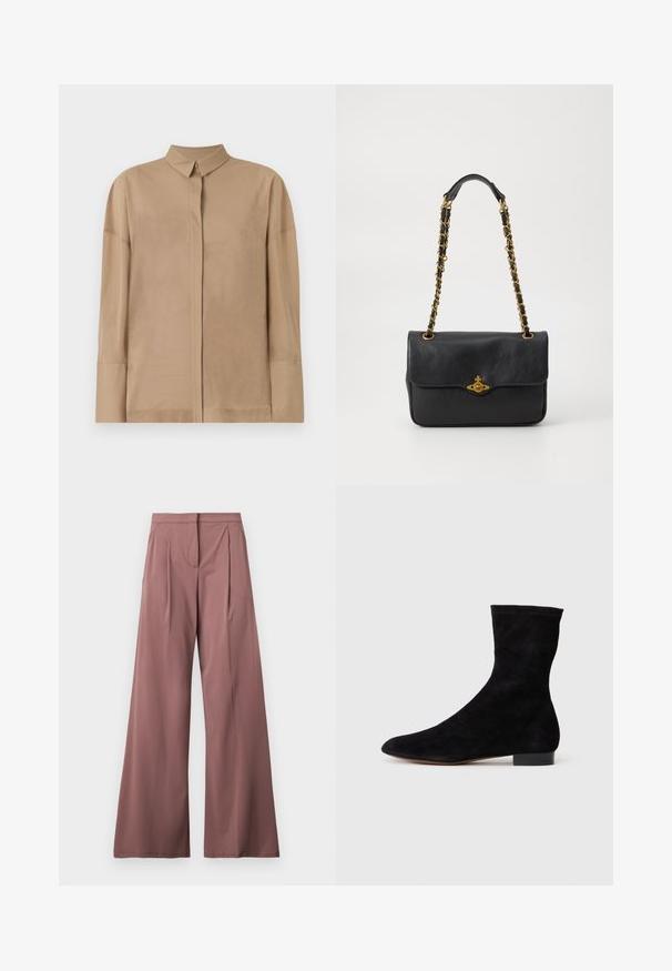 Beige pitkähihaine paita kevyestä kankaasta, jossa on klassinen kaulus, piilotettu nappilista ja hienovaraiset ompelu yksityiskohdat hihoissa.; Lepotne hlače širokih nogavic v tihem rožnate barvi, izdelane iz gladkega materiala s sprednjimi pregibi in enim stranskim žepom. Preprost, eleganten dizajn.; Mustang-mustaviinan nilkkuri, jossa on tiukka varsi, terävä kärki ja matala lohkoiltu korko. Sileä pinta ja minimalistinen muotoilu, sopii monenlaiseen tyyliin.; Musta nahkainen käsilaukku, jossa on käännettävä läppä, kultasävyinen ketjuolkaintuki ja logolevy etuosassa. Tasainen pinta.