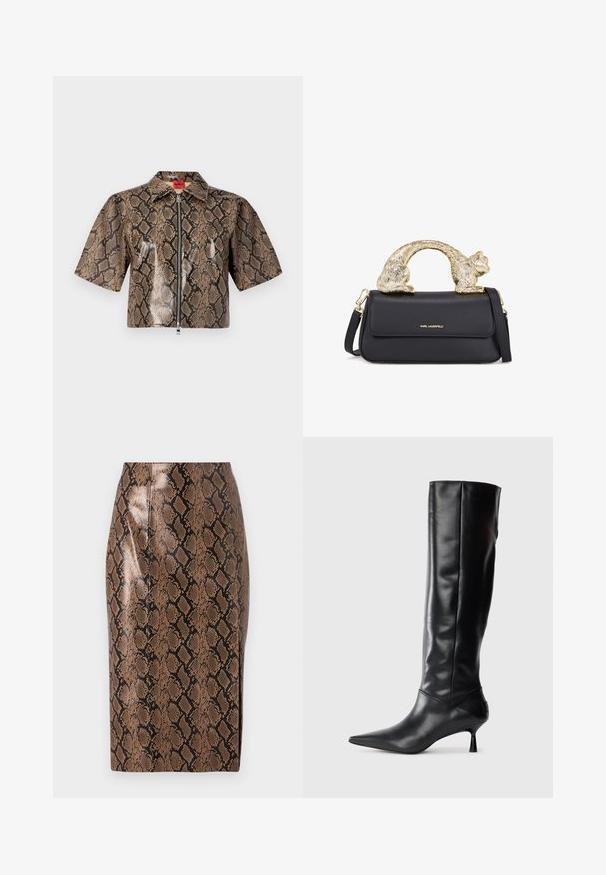 Trumpas rankovėmis, trumpas švarkas su ruda ir juoda gyvatės odos raštu, priekinis užtrauktukas ir smailus apykaklė.; Ruda gy snake print pieštuko sijonas su blizgiu paviršiumi, turintis prigludusį dizainą ir vertikalias siūles, suteikiančias elegantišką siluetą.; Juodai odiniai iki kelių batai su smailiu pirštu ir plonu lenktu kulnu. Lygus paviršius, prigludęs dizainas ir be matomų detalijų ar raštų.; Juodas odinis rankinukas su auksine katės formos rankena, turintis priekinę atvartą, reguliuojamą diržą ir logotipo detalę apatiniame priekyje.