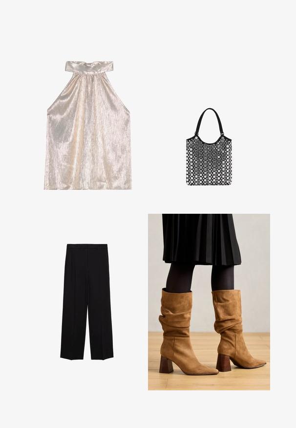 Top halter argintiu lucios cu un guler lat, având un design texturat, plisat și o siluetă fluidă. Materialul moale reflectă lumina.; Pantaloni negri cu croială largă dintr-un material neted, cu pliseuri în față și buzunare laterale, concepuți cu o croială dreaptă și relaxată.; Botine maro din suede, cu tocuri înguste și un design elegant. Acestea sunt purtate cu colanți negri și o fustă plisată neagră.; Geantă de umăr alb-negru cu un vârf rotunjit, cu un model de bule, realizată dintr-un material neted și echipată cu două mânere din țesătură rezistentă.