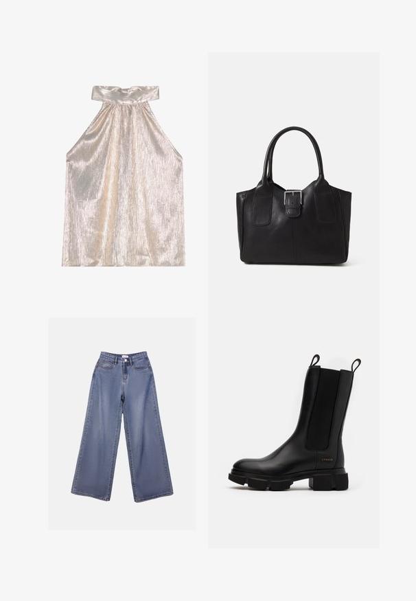 Fénylő ezüst színű pánt nélküli top széles gallérral, texturált, pliszézett mintázattal és lengő szilüettel. Puha anyag, amely visszatükrözi a fényt.; Széles szárú farmernadrág világoskék mosásban, magas derékkal, elülső zsebekkel és gombos záródással, övlyukakkal.; Fekete bőr bokacsizma rugalmas oldalsó panelekkel, masszív gumitalppal és húzófülekkel. Diszkrét márkajelzés található a bokán.; Fekete bőr bevásárlótáska sima textúrával, strukturált formával, két fogantyúval és egy figyelemfelkeltő ezüst csattal az elején.