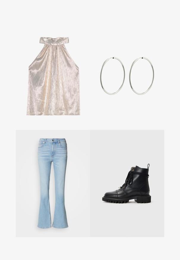 Blizgantis sidabrinis halterio viršus su plačiu apykakle, su tekstūruotu, klostytu dizainu ir laisvai krentančiu siluetu. Minkšta medžiaga atspindi šviesą.; Šviesiai mėlyni, plačiai išplatinti džinsai, pagaminti iš džinsinio audinio, su aukštu liemeniu, subtiliai pašviesėjimu ir standartiniu užtrauktuku.; Juodos odinės kulkšninių botų su apvalia nosimi, tvirta guminė padas, raišteliai ir kilpos; turi auksinius aklūnus ir siuvimo detales.; Sidabriniai auskarai su lygiu, blizgiu paviršiumi. Apskritimo forma, vienodas plotis, sukurti lengvam užsegimui. Paprasti ir elegantiški.