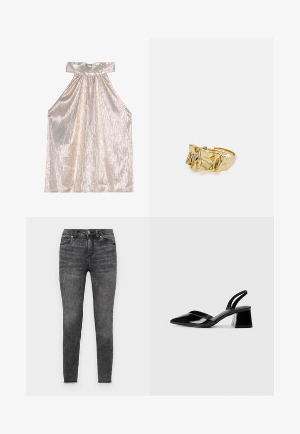 Mirdzošs sudraba halter tops ar platām apkaklēm, kas izceļas ar teksturētu, krokotu dizainu un plūstošu siluetu. Mīksts audums atspoguļo gaismu.; Melnas šaurās džinsi, izgatavoti no denima, ar izbalējušu apdari, tradicionālu piecu kabatu dizainu un saplēstiem maliņiem potītēs.; Melna lakota āda ar atvērto papēdi, ar smailu purngalu un ģeometrisku blokpapēdi. Iezīmējas elegants, minimāls dizains un gluda tekstūra.; Zelta gredzens ar teksturētu, viļņotu dizainu, kas rotāts ar trim izteiktām virsotnēm. Gluda, spīdīga virsma ar atvērtu joslu, lai to varētu pielāgot.
