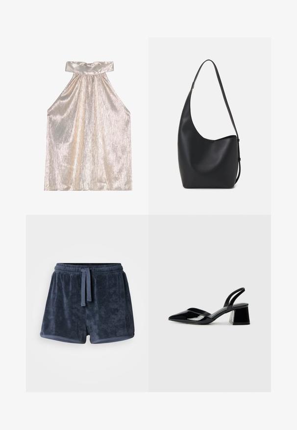 Lesklý stříbrný halter top s širokým límcem, který má texturovaný, skládáný design a splývavou siluetu. Měkká tkanina odráží světlo.; Tmavě modré froté šortky s elastickým pasem, nastavitelnou šňůrkou a malým vyšitým logem na boku. Měkká textura.; Černé lakované kožené lodičky na pásku s špičatou špičkou a geometrickým blokovým podpatkem. Vyznačují se elegantním, minimalistickým designem a hladkým povrchem.; Černá kožená hobo taška s hladkým povrchem, zakřiveným tvarem a jedním nastavitelným popruhem; má široké otevírání nahoře.