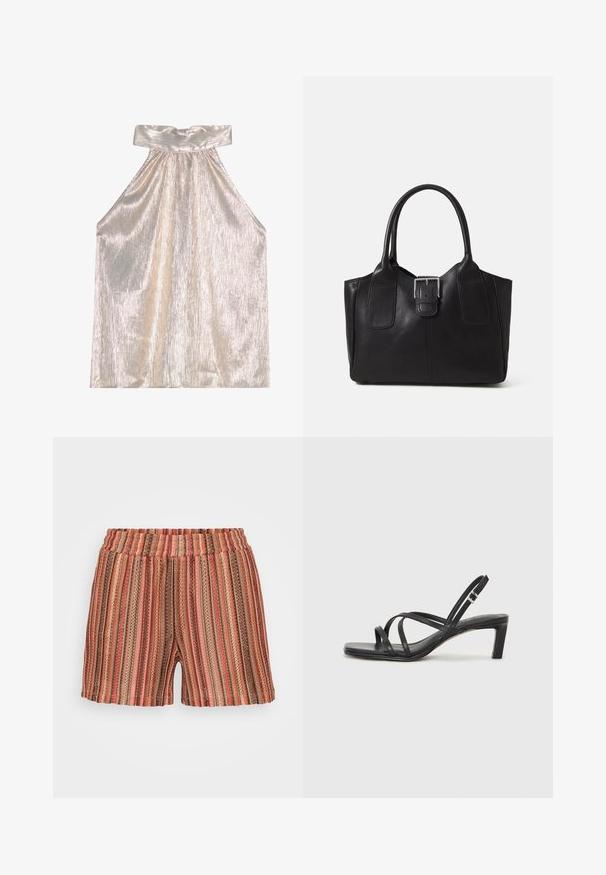 Top halter argentato lucente con ampio colletto, caratterizzato da un design testurizzato e plissettato e una silhouette fluida. Il tessuto morbido riflette la luce.; Pantaloni shorts a righe con elastico in vita, caratterizzati da linee verticali in rosso, marrone e verde. Realizzati in tessuto leggero e texturizzato.; Sandalo nero con cinturini, dalla punta squadrata e tacco basso a blocco. Presenta diversi cinturini sottili e una cinturini regolabile alla caviglia. Realizzato in pelle liscia.; Borsa tote in pelle nera con texture liscia, forma strutturata, due manici e un evidente dettaglio in fibbia argentata sul davanti.; Anello doppio in argento con superficie liscia e lucida. Presenta un design fluido e curvo con sezioni sovrapposte per un aspetto moderno.