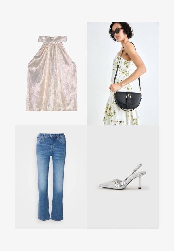 Svetleč srebrni top na halter z širokim ovratnikom, ki se ponaša z teksturiranim, nabranim dizajnom in tekočo silhueto. Mehek material odraža svetlobo.; Denim flare jeans v svetlo modri barvi. Imajo visok pas, pet žepov in detajle šivanja. Mehka tekstura z efektnim opranim videzom.; Srebrna slingback visoka peta čevlja s špičastim nosom, metalnim finišem, dvema dekorativnima trakama in tanko peto z črnim vrhom.; Črna usnjena torbica s ukrivljeno obliko, z odstranljivo naramnico in zlatimi dodatki. Torbica ima pokrov s podrobnostmi v obliki zaponke.
