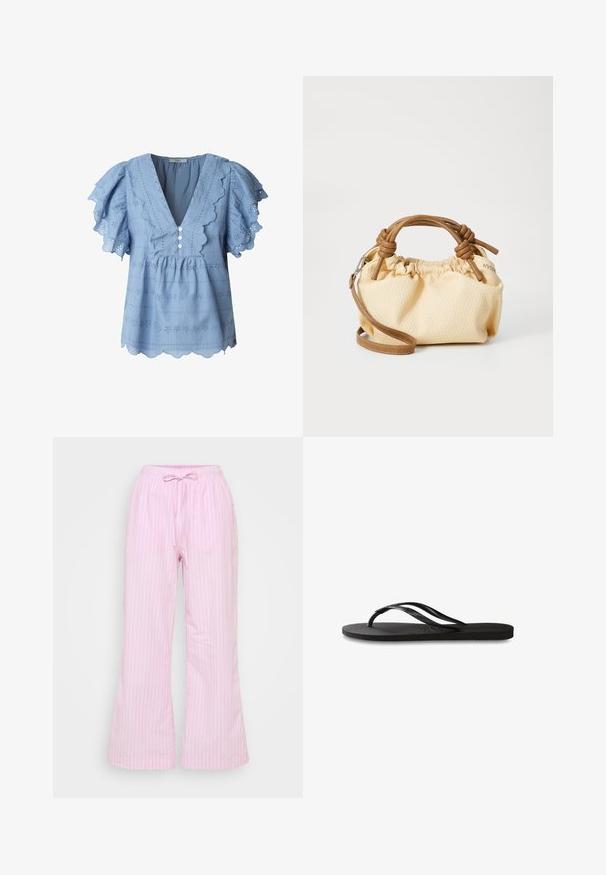 Ανοιχτό μπλε πουκάμισο με κυματοειδείς άκρες και φτερωτά μανίκια. Διαθέτει κεντημένη δαντέλα και τριπλό κούμπωμα στην V λαιμόκοψη.; Ροζ ριγέ παντελόνι φτιαγμένο από ελαφρύ ύφασμα, με μέση που ρυθμίζεται με κορδόνι και χαλαρή φαρδιά εφαρμογή. Οι κάθετες ρίγες προσθέτουν λεπτή υφή.; Μαύρη παντόφλα με υφασμάτινη σόλα από καουτσούκ, δύο λεπτές ράβδους και μια διακριτική, ανάγλυφη λεπτομέρεια λογότυπου στην ράβδο.; Μικρή, κρεμ τσάντα υφής με καφέ δερμάτινες λαβές και αποσπώμενο λουρί ώμου. Σχεδίαση με πτυχώσεις και ορατές ραφές.