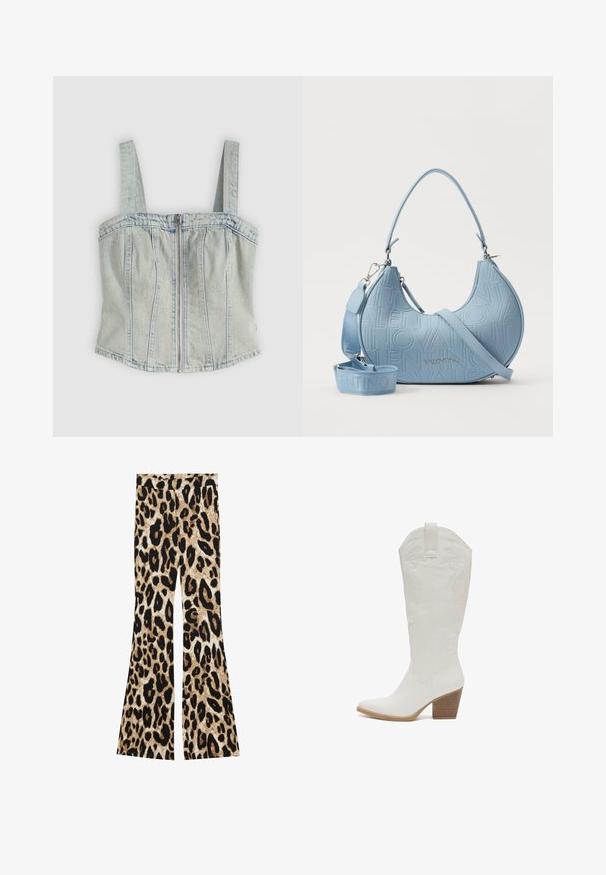 Top corset de mezclilla azul claro con tirantes anchos, cierre frontal con cremallera, detalles de costuras verticales y dobladillo recto.; Top blanco sin tirantes con patrones texturizados, que presenta detalles acanalados y diseños florales, mostrando una silueta ajustada.; Pantalones acampanados con estampado de leopardo en tonos negros y marrones, textura acanalada y diseño de cintura alta.; Elara Botas camperas - weiß; Bolso de mano de cuero azul claro con diseño de logo en relieve, forma curva y correa ajustable. Presenta acentos de hardware de metal.