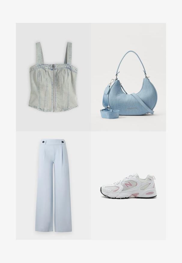 Svetlo modra denim korzetna majica z širokimi naramnicami, zadrgo spredaj, vertikalnimi šivi in ravnim robom.; Svetlo modri široki hlače z ravnim sprednjim delom, naborki in dvema črnima gumboma v pasu. Narejene so iz gladkega materiala z čistimi zaključki.; Bele tenisice s  mrežastim i sintetičkim gornjim dijelom, ružičastim detaljima, podstavljenim ovratnikom i crnom gumiranom potplatom. Imaju vidljive perforacije i logo.; Svetlo modra usnjena torbica z embosirano zasnovo logotipa, ukrivljene oblike in nastavljivim trakom. Ima kovinske dodatke.