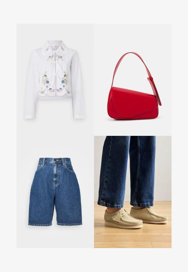 White long-sleeve shirt with a ruffled collar, front ties, and colorful floral embroidery. Scalloped hem details are present.; Denim shorts with a high waist, in a dark blue color. Features classic five-pocket style, straight cut, and folded hem. Cotton material.; Beige suede shoes with rounded toes and a low profile. Features lace-up design and stitched accents. Worn with cropped blue jeans.; Red leather handbag with an angular, geometric design. Features a single adjustable strap and a flap closure with stitched detailing.