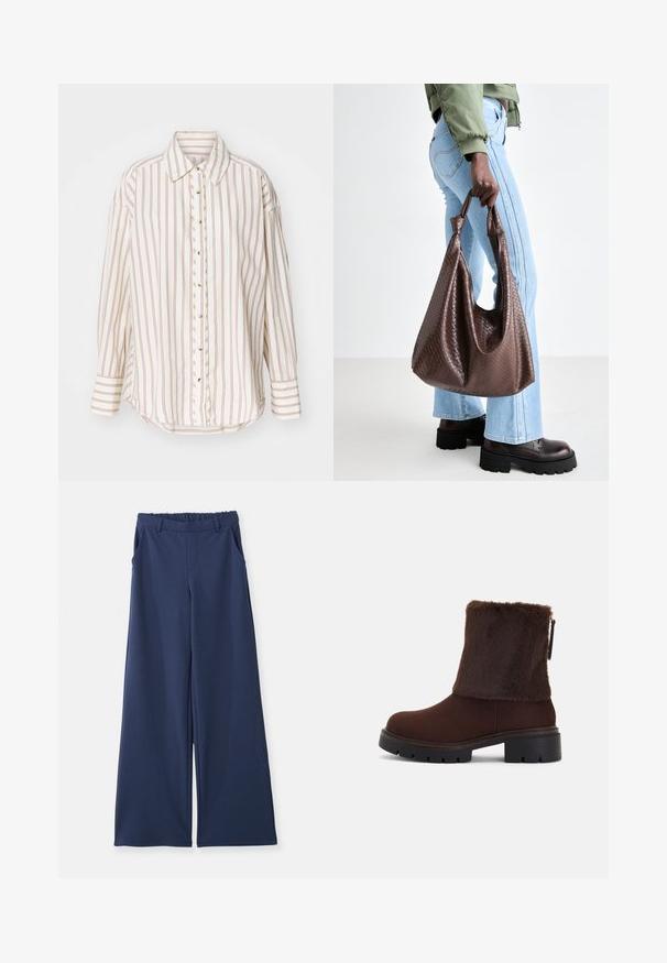 Striped skjorte i krem og lys brun, med knappestolpe foran, krage og lange ermer med en lett buet nederkant.; Marineblå vide bukser med elastisk talje, bæltestropper og sidelommer, præsenteret fladt på en hvid baggrund.; Brune ankelstøvel med en myk kunstpels-skaft, blokkhelt og teksturert gummisåle. Sidelukking med glidelås og sømdetaljer rundt bunnen.; Brunnet flettet lær totebag med knyttede håndtak, båret av en person i lyseblå jeans og svarte kraftige sko. Glatt, teksturert overflate.