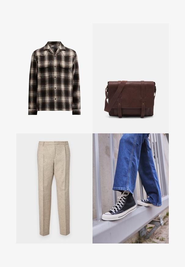 Black and white plaid shirt in a wool blend, featuring a pointed collar and two chest pockets, with button closures down the front.; Beige tailored trousers made from textured fabric, featuring two front pleats, belt loops, and a straight leg design.; Black high-top sneakers with white sole and laces, paired with loose blue denim jeans, resting on a gray railing.; Brown leather messenger bag with a flat front flap, two straps, gold hardware accents, and an adjustable shoulder strap.; Silver stainless steel watch with a round green dial, silver hour markers, date display, and a metal link bracelet. Water-resistant to 50 meters.