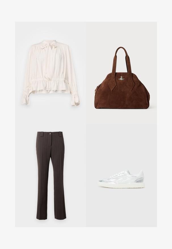 Crème blouse met een striknek, gathered mouwen en elastische taille. Gemaakt van een zachte, lichte stof met een ontspannen pasvorm.; Bruine broek met streepjes, met een getailleerd ontwerp, voorzien van een knoopsluiting aan de voorkant en een rechte pijp. Zachte stoftextuur.; Witte sneakers met metallic zilveren accenten, gladde textuur, ronde neus, platte zool en traditionele vetersluiting.; Bruine suède handtas met een gestructureerde vorm, ronde body en verlengde ruitvormige handvatten. Voorzien van een sluiting met zilveren hardware.