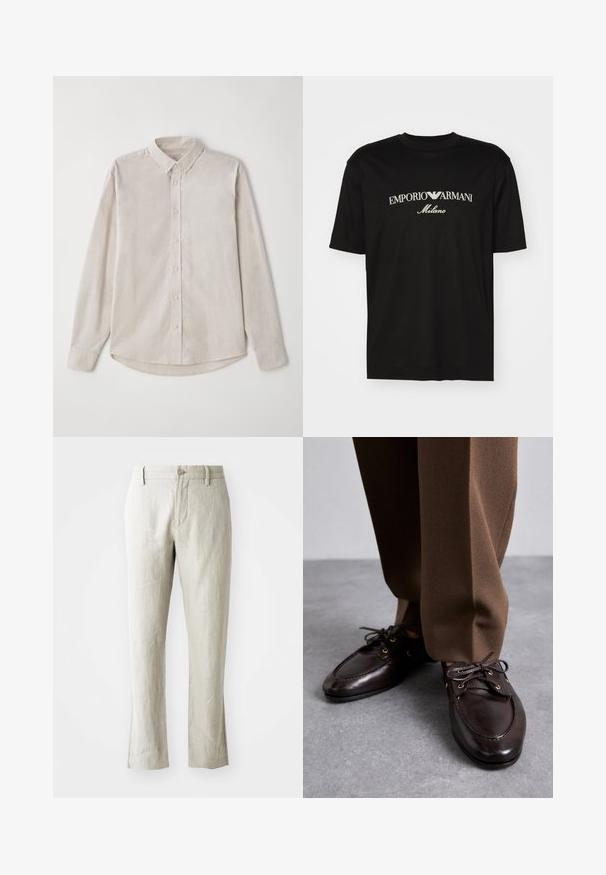 Chemise écrue à manches longues en tissu doux. Dotée d'un col à bouton et d'une fermeture centrale par bouton avec un ourlet arrondi.; T-shirt en coton noir avec un col rond, des manches courtes et le logo "EMPORIO ARMANI" en blanc au-dessus de "Milano" dans un design incurvé.; Pantalons en lin beige clair à coupe droite, texture subtile, fermeture à bouton devant et deux poches latérales. Conçus pour une silhouette épurée.; Bally PATHY - Derbies - ebano