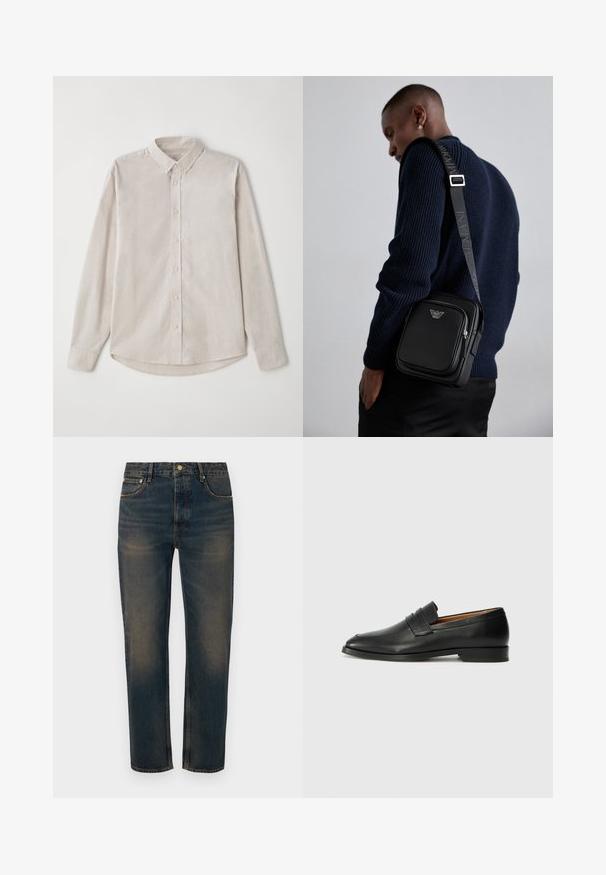 Camisa de manga larga beige clara hecha de una tela suave. Con un cuello abotonado y cierre central de botones, con un bajo curvado.; Jeans de mezclilla azul oscuro con corte recto, diseño de cinco bolsillos, cierre de botón y detalles de desvanecimiento ligero para textura.; Mocasín de cuero negro con punta redonda, detalles de costura sutil y un tacón bajo, que presenta una textura suave y un diseño minimalista.; Bolso cruzado de cuero negro con un compartimento con cremallera, detalle de logo y una correa ajustable de marca. Llevado sobre un suéter de punto azul marino.