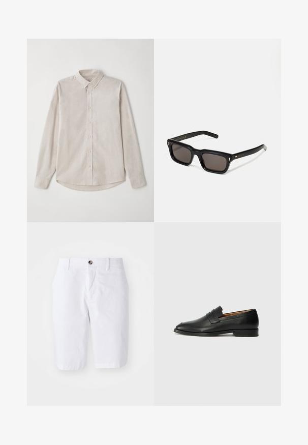 Helebeige pika varrukatega särk, mis on valmistatud pehmest kangast. Särgil on nööbiga krae ja keskmine nööbistamata sulgemine, ning sellel on kumer äär.; Valged puuvillased lühikesed püksid sirge lõikega, kahe esipocketiga ja ühe nupuga kinniotsimisega vöökoht. Sile tekstuur, põlvepikkune disain.; Must musta loafers ümarate varvastega, peene tikandiga ja madala kontsaga, millel on sile tekstuur ja minimalistlik disain.; Mustad mustakorruselised prillid tumedate läätsedega, paks plastikraam, kuldsed aksendid templites ning kaubamärgi logo graveeritud käe lilla.