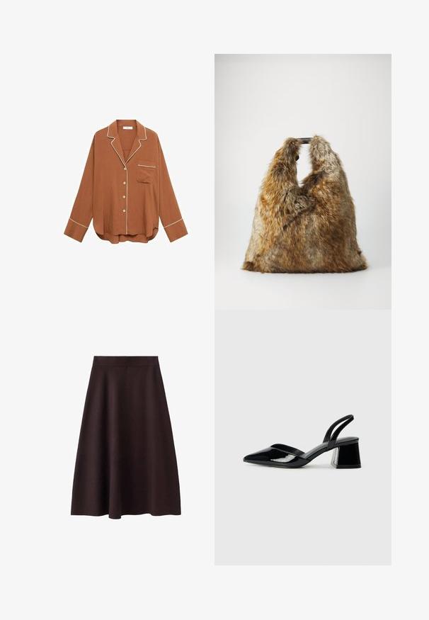 Hnedá košeľa na gombíky s bielym lemovaním, dlhé rukávy, vrecko na ľavej hrudi, textúrovaná tkanina a voľný strih.; Hnedá, po kolená s á-článkovým strihom, sukňa s hladkým povrchom a priliehavým pásom. Žiadne viditeľné vzory ani akcenty. Jednoduchý dizajn.; Čierne lakované kožené sandálové podpätky s špicatou špičkou a geometrickým blokovým podpätkom. Disponujú elegantným, minimalistickým dizajnom a hladkým povrchom.; Hnedá a sivá umelá kožušina kabelka s krátkymi čiernymi rúčkami, stojaca vzpriamene na jednoduchej bielej pozadí.