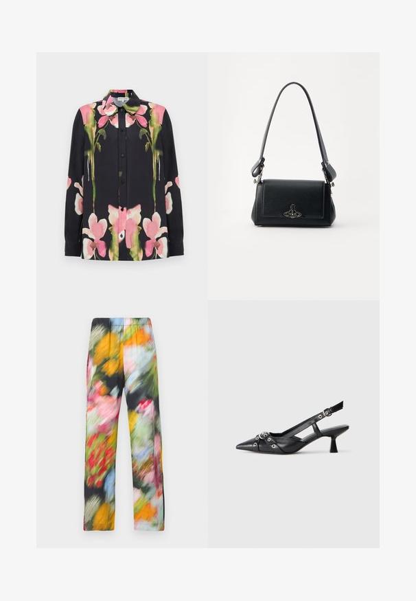 Černá košile s růžovým a zeleným květinovým potiskem, s špičatým límcem, zapínáním na knoflíky a dlouhými rukávy. Hladká látka s mírným leskem.; Květinové, lehké kalhoty s elastickým pasem, představující směs živých barev včetně růžové, žluté, zelené a modré.; Černé kožené slingback boty s špičatou špičkou, dekorativními pásky s kovovými očky a nízkým blokovým podpatkem. Texturovaný povrch.; Černá kožená kabelka s texturovaným povrchem, obdélníkovým tvarem, nastavitelným popruhem a kovovým logem na přední straně.
