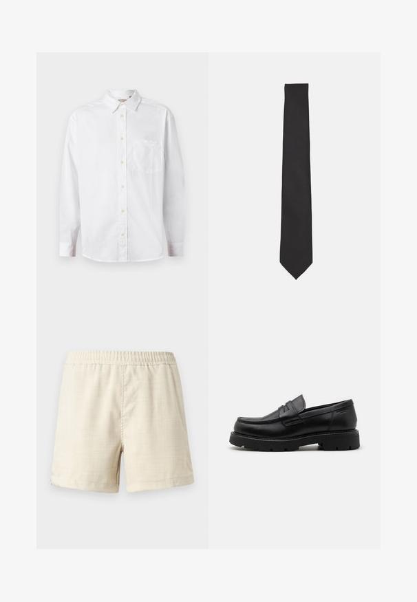 Balta garām piedurknēm pogājamā kreklā ar apkakli un krūšu kabatu, izlikta uz vienkārša gaiša fona.; Beige kokvilnas šorti ar elastīgu jostu, gluda tekstūra un salocīts maliņas izrauts pie kājām. Vienkārša dizaina, bez kabatām vai dekoratīviem elementiem.; Melnas ādas loafers ar noapaļotu purngali, teksturētiem akcentiem priekšpusē un masīvu gumijas zoli ar griezumiem pretslīdēšanai.; Melnā taure, kas izgatavota no gludas auduma, ar š slimu, garu formu un norādītu galu, bez redzamām rakstiem vai akcentiem.