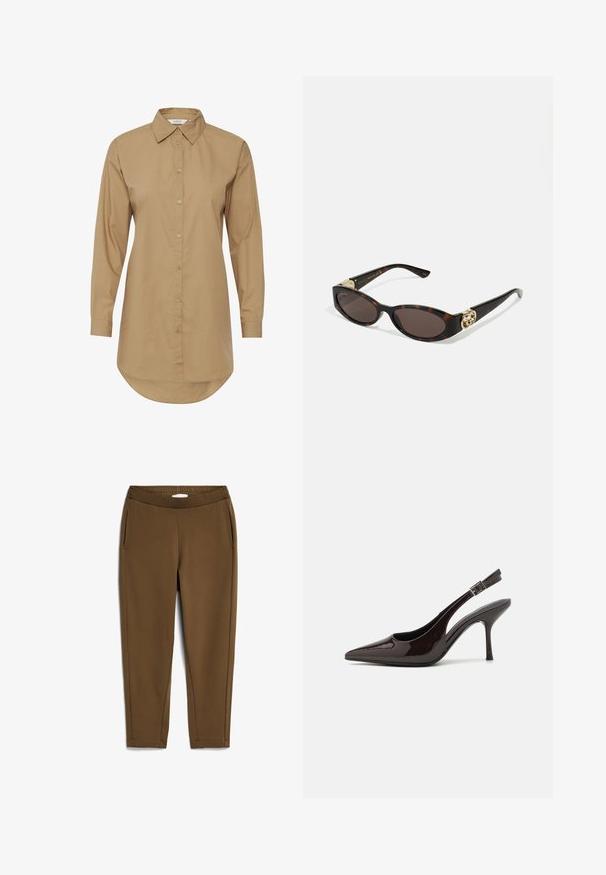 Bruine lange mouwen shirt met een spitse kraag, knoopsluiting aan de voorkant en een lichtgebogen zoom. Gemaakt van gladde stof, met subtiele knoopaccenten.; ARMEDANGELS MAGDAA - Broek - dried moss; Slingback hoge hak schoen in glanzend donkerbruin patentleer, puntige neus, open zijkanten en verstelbare enkelband.; Schildpadbril met langwerpige ovale lenzen, bruine tint, gouden logo-accenten op de pootjes en slanke zwarte armen.
