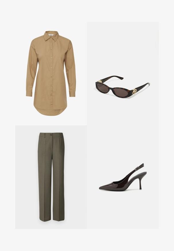 Ruda ilga rankovė palaidinė su smailiu apykaklė, sagų priekyje ir kreiva pakraštine. Pagaminta iš lygaus audinio, turi subtilių sagčių akcentų.; Modström GALE PANTS - Kelnės - warm gray; Blizganti tamsiai ruda lakinės odos aukšto kulno bateliai, smailus nosis, atviros šoninės dalys ir reguliuojamas kulkšnies dirželis.; Tortoise kiaurinių saulės akinių su pailgomis ovalo formos lęšiais, rudos spalvos atspalviu, auksinėmis logotipo detalėmis ant šakelių ir elegantiškais juodais rankenėlėmis.