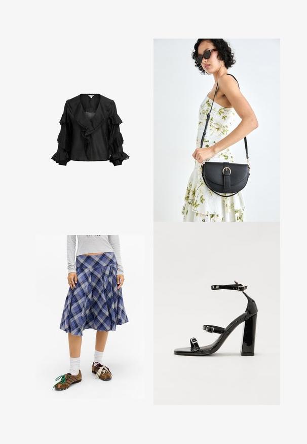 Svart langermet bluse med dyp V-hals, front volangdetaljer og lagdelte volanger på puffermer.; Blå rutete midiskjørt med folder, laget av mykt stoff. Kombinert med brune sko med fargerike snøringer og hvite sokker.; Svarte høyhælte sandaler i lakk med to spennestraps, firkantet tå og en tykk blokkhæl, med en glatt, blank tekstur.; Svart lærveske med en buet form, avtagbar stropp og gullbeslag. Vesken har et klaff med spenne-detall.