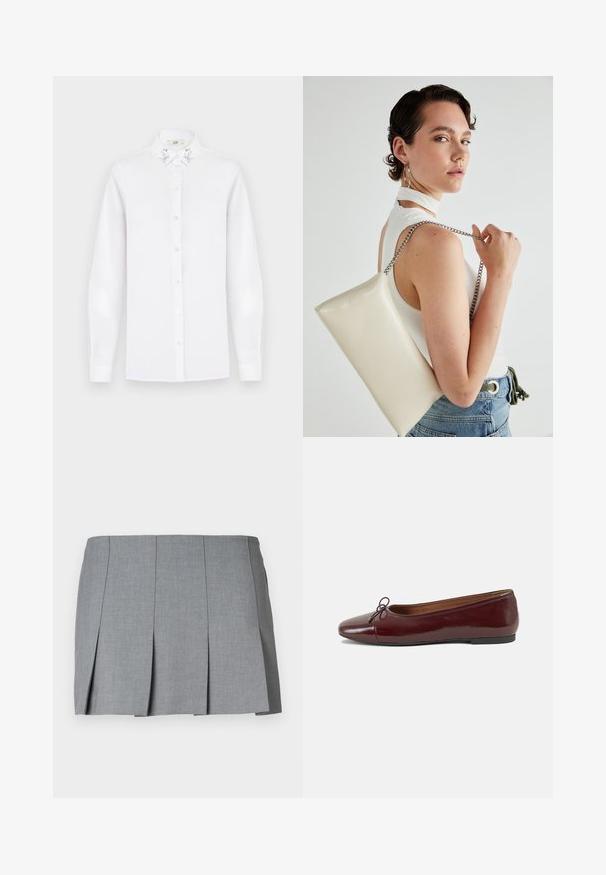 White long-sleeve button-up shirt with pointed collar featuring silver sequin embellishments on each side.; Gray pleated skirt featuring a smooth texture, structured design, and a fitted waist. Made from a lightweight fabric with subtle pattern.; Burgundy patent leather ballet flat with a rounded toe, small bow accent at the front, and a low, black rubber sole. Smooth texture.; White rectangular clutch bag made of glossy material, featuring a silver chain strap. Model poses, showcasing the bag against a plain background.