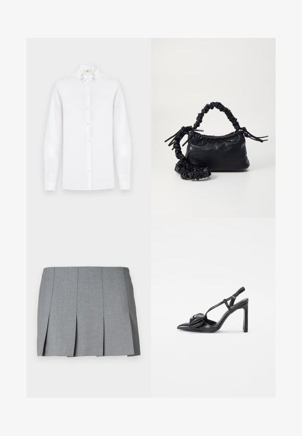 Biela košeľa s dlhým rukávom a zapínaním na gombíky, s ostrým golierom, s ozdobami zo strieborných flitrov na oboch stranách.; Sivá skladaná sukňa s hladkou textúrou, štruktúrovaným dizajnom a priliehavým pásom. Vyrobená z ľahkej tkaniny s jemným vzorom.; Čierna lodička s vysokým podpätkom a špicatou špičkou, lesklý povrch, tenké remienky a dekoratívny plisovaný detail na prednej strane.; Čierna umelá kožená kabelka s kroko vzorom, sťahovaným vrchom a zhnutým popruhom. Vyzerá mäkko a kompaktné v dizajne.