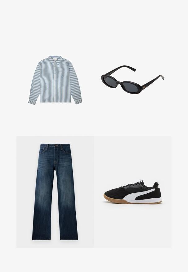 Riba-särk helesinises ja valges, nööpidega mudel, pikkade varrukatega ning rinnatasku, kus on tikandiga logo. Puuvillane kangas.; Tumedat sinised denim püksid sirge säärega disainiga, millel on kerge tekstuur, vöökoha silmadega ja klassikaline viie tasku stiil.; Mustad mustasportlikud jalanõud, millel on tikitud tekstuur, valge küljeriba ja kummist tald. Omab võrkpinda ja ümarat nina disaini.; Mustad mustad prillid ovaalsete läätsedega, sujuvast plastmassraamist ja kuldsete aktsentidega tempel. Tumedaid läätsi, mis pakuvad päikese kaitset.