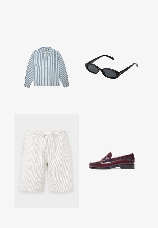 Camicia a righe in azzurro chiaro e bianco, modello con bottoni, maniche lunghe e taschino sul petto con logo ricamato. Tessuto in cotone.; Shorts a righe beige chiaro con vita elastica e cordino. La texture appare morbida e il tessuto presenta un sottile motivo verticale.; Mocassino in pelle bordeaux con punta tonda, dettagli cuciti e un piccolo accentu decorativo sulla tomaia. Suola piatta in contrasto.; Occhiali da sole neri oversize con lenti ovali, montatura in plastica liscia e accenti dorati sulle tempie. Le lenti scure offrono protezione dal sole.