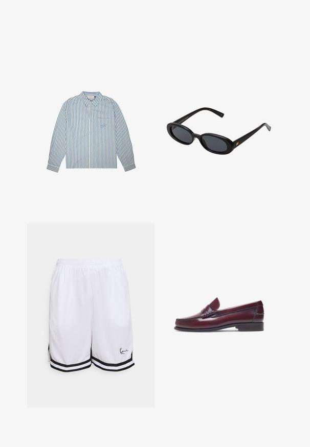 Camicia a righe in azzurro chiaro e bianco, modello con bottoni, maniche lunghe e taschino sul petto con logo ricamato. Tessuto in cotone.; Pantaloni sportivi bianchi realizzati in un tessuto leggero, con orlo a strisce nere e un logo distintivo sul lato anteriore in basso a sinistra.; Mocassino in pelle bordeaux con punta tonda, dettagli cuciti e un piccolo accentu decorativo sulla tomaia. Suola piatta in contrasto.; Occhiali da sole neri oversize con lenti ovali, montatura in plastica liscia e accenti dorati sulle tempie. Le lenti scure offrono protezione dal sole.