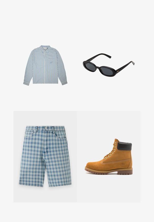 Juostuotas marškinis šviesiai mėlynos ir baltos spalvos, mygtukais rišamas, su ilgomis rankovėmis ir krūtinės kišene, papuošta išsiuvinėtu logotipu. Medvilnės audinys.; Šviesiai mėlynos pločio šortai, pagaminti iš medvilnės mišinio, su penkių kišenių dizainu, mygtuko uždarymu ir laisvu siluetu. Audinys yra lygus ir švelnus.; Tan spalvą turintys suknelės batus iki kulkšnies su juodu paminkštintu apvadu, auksiniais metaliniais akių užsegimais, baltais siūlų dekoratyviniais elementais ir tvirtu guminiu padu su ryškiai išreikštais raštais.; Juodos didelės saulės akinių su ovaliais objektyvais, lygia plastiko rėmeliu ir aukso akcentais ant šventyklos. Tamsūs objektyvai suteikia apsaugą nuo saulės.